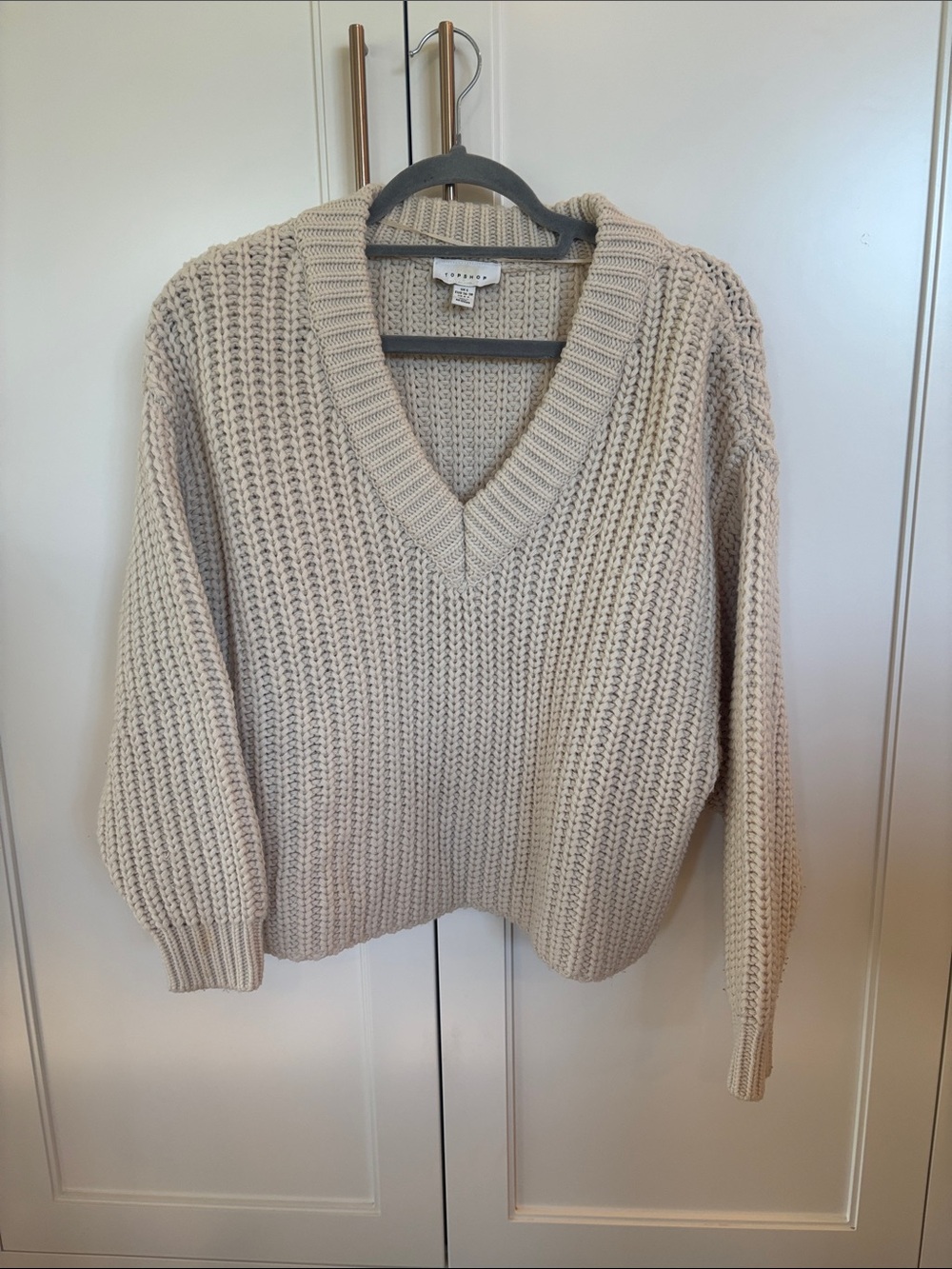 Topshop Ribbed V-Neck Chunky Sweater - Beige